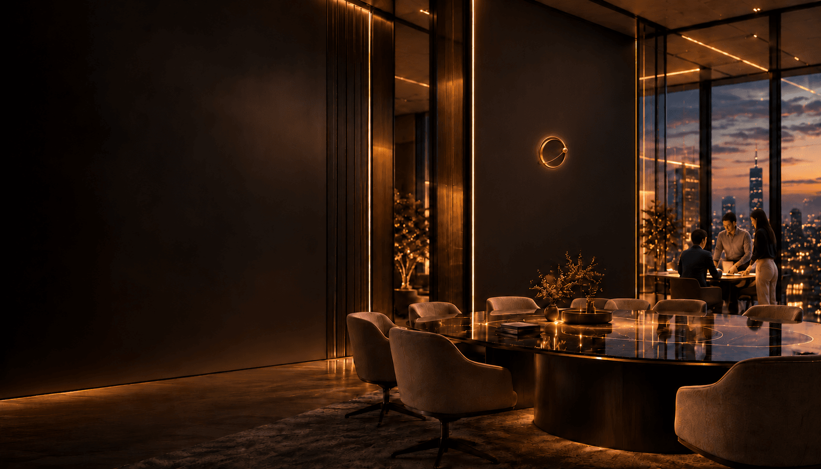 A warm collaborative office with a softly lit gold orbital emblem mounted on a charcoal wall.